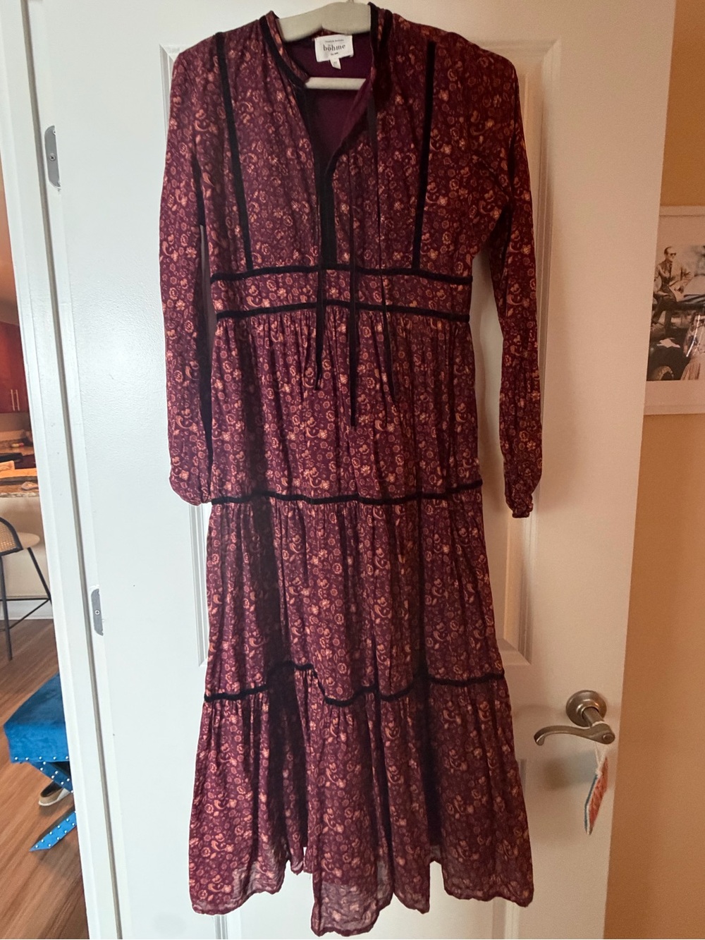 Bohme Women's Burgundy Tiered Boho Dress - - Picture 2 of 5